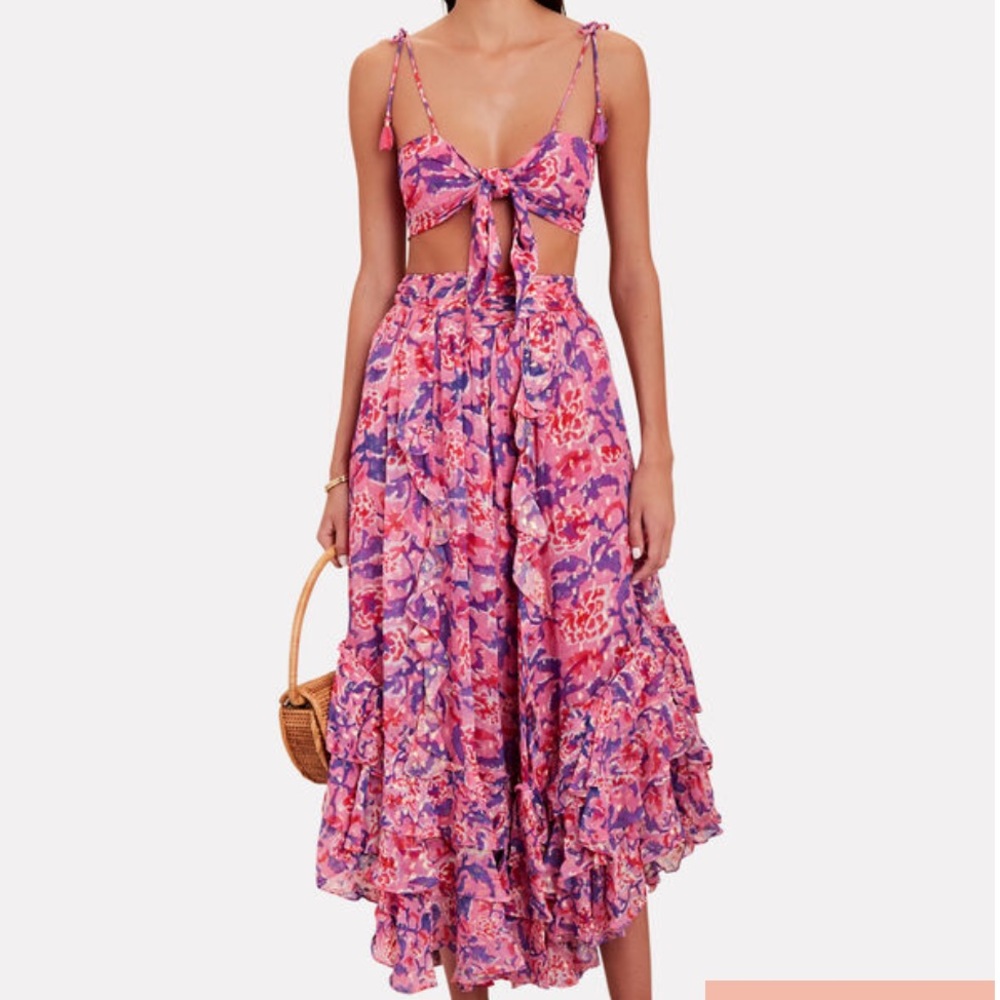 ROCOCO SAND
Lei Ruffled Floral Maxi Skirt & bra top